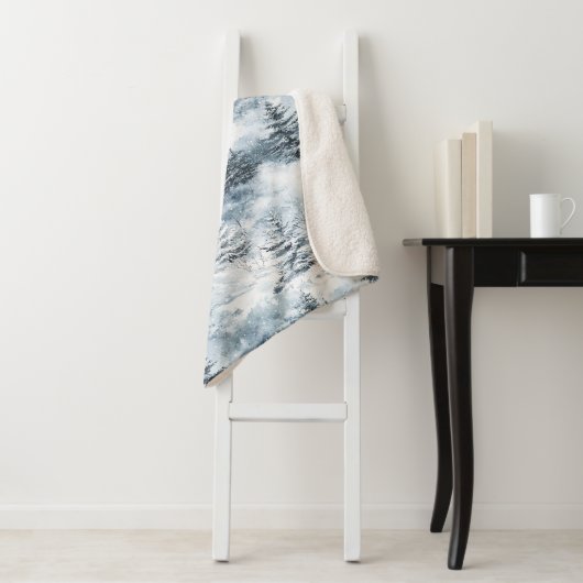 Witte blauwe kerstbomen wintersneeuw sherpa deken (In situ)