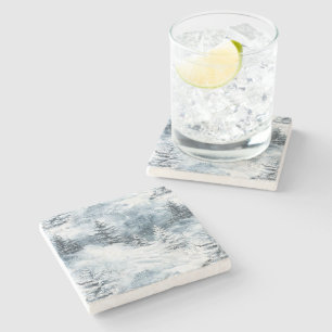 Witte blauwe kerstbomen wintersneeuw stenen onderzetter