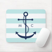 Witte blauwe mint monogram Stripes Anchor Muismat (Met muis)