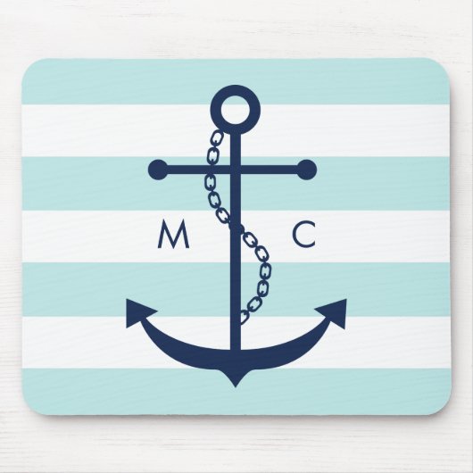 Witte blauwe mint monogram Stripes Anchor Muismat (Voorkant)