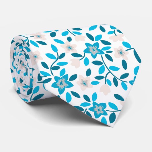 Witte blauwe, naadloze bronbloementypatronen stropdas (Opgerold)