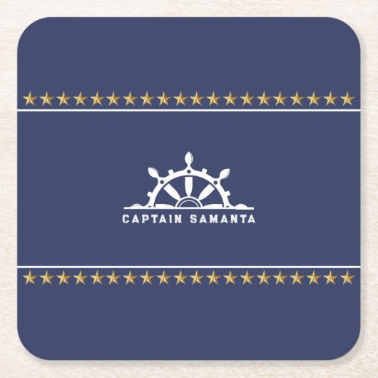 Witte & Blauwe Nautische Boot Terwijl Gouden Sterr Kartonnen Onderzetters (Voorkant)