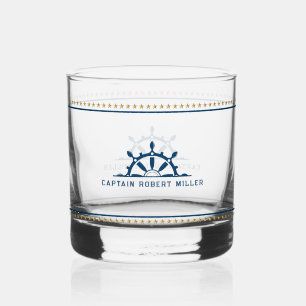Witte & Blauwe Nautische Boot Wiel Gouden Sterren Whisky Glas