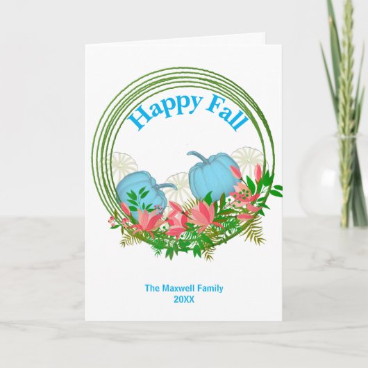 Witte Blauwe Pompoenen Herfst Krans Groene Takken  Feestdagen Kaart (Voorkant)