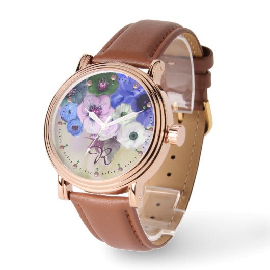 WITTE BLAUWE ROZEN, ANEMONSLOEMMONOGRAM HORLOGE (Hoek)
