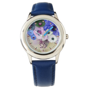 WITTE BLAUWE ROZEN, ANEMONSLOEMMONOGRAM HORLOGE