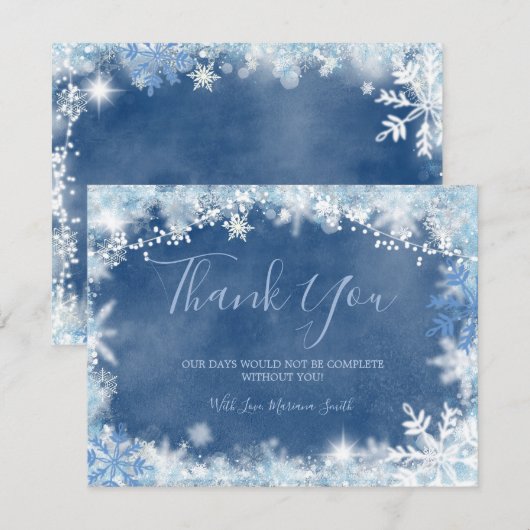 Witte Blauwe Sneeuw in Liefde Sneeuwvlok Bruidsdou Bedankkaart (Voorkant / Achterkant)