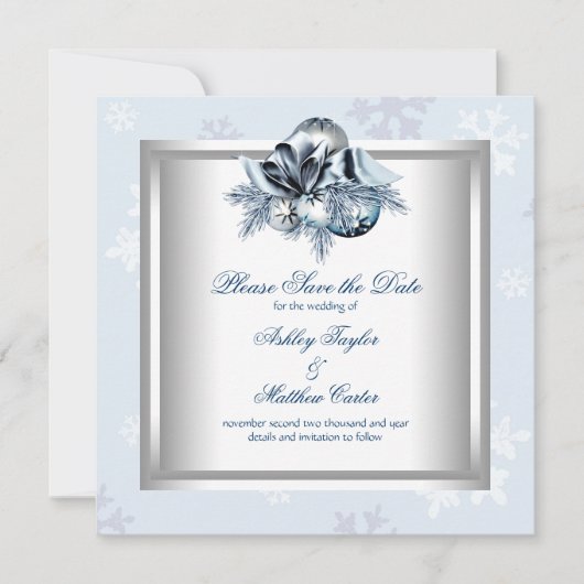 Witte Blauwe Sneeuwvlok Winter Bruiloft Save the D Date (Voorkant)