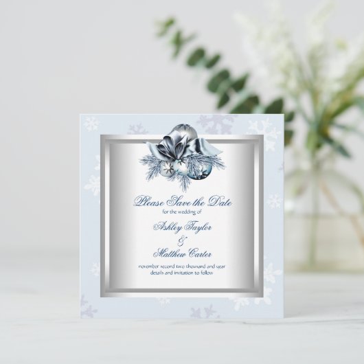 Witte Blauwe Sneeuwvlok Winter Wedding Save the Da Save The Date (Staand voorkant)