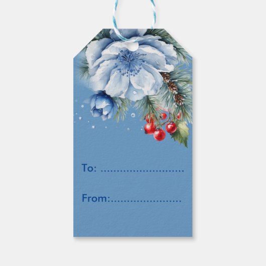 Witte Blauwe Sneeuwvlokken en Holly Berries Kerstm Cadeaulabel (Achterkant)