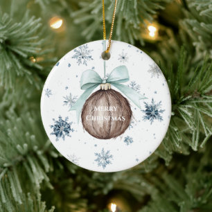 Witte Blauwe Sneeuwvlokken Kerst Koker Noten Boog Keramisch Ornament