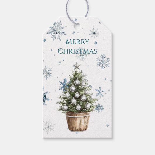 Witte Blauwe Sneeuwvlokken Kerstboom Cadeaulabel (Voorkant)