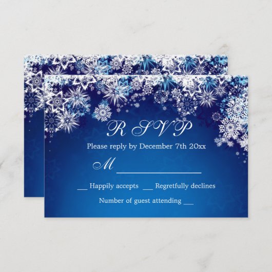 Witte blauwe sneeuwvlokken op blauwe RSVP-uitnodig RSVP Kaartje (Voorkant / Achterkant)