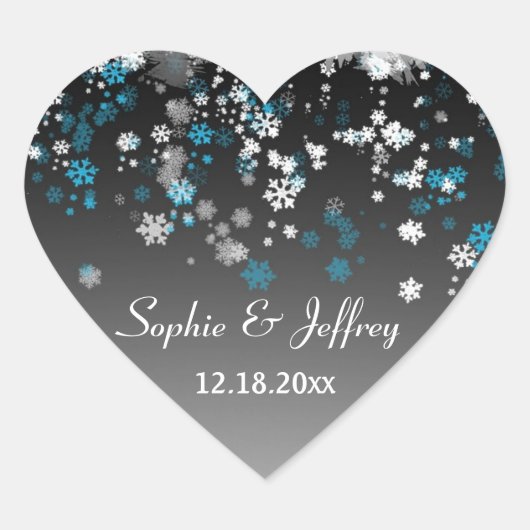 Witte, blauwe sneeuwvlokken op zwart Save the Date Hart Sticker (Voorkant)