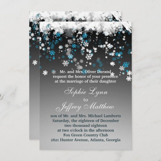 Witte, blauwe sneeuwvlokken op zwarte bruiloft kaart (Voorkant / Achterkant)