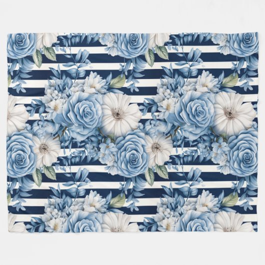 Witte Blauwe Strepen Bloemen Fleece Deken (Voorkant (Horizontaal))