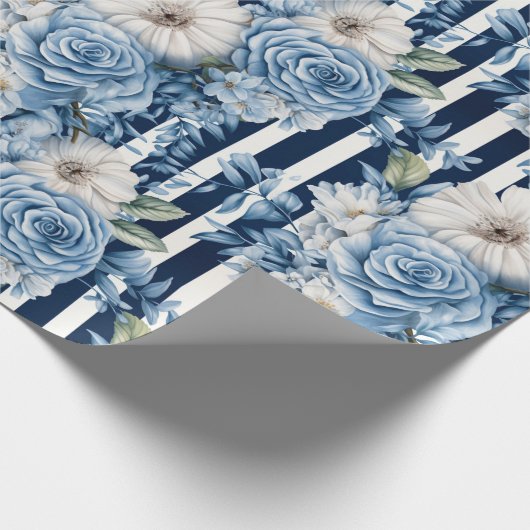 Witte Blauwe Strepen Bloemen Verjaardag Cadeaupapier (Hoek)