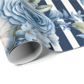 Witte Blauwe Strepen Bloemen Verjaardag Cadeaupapier (Rol Hoek)