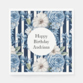 Witte Blauwe Strepen Bloemen Verjaardag Servet (Voorkant)