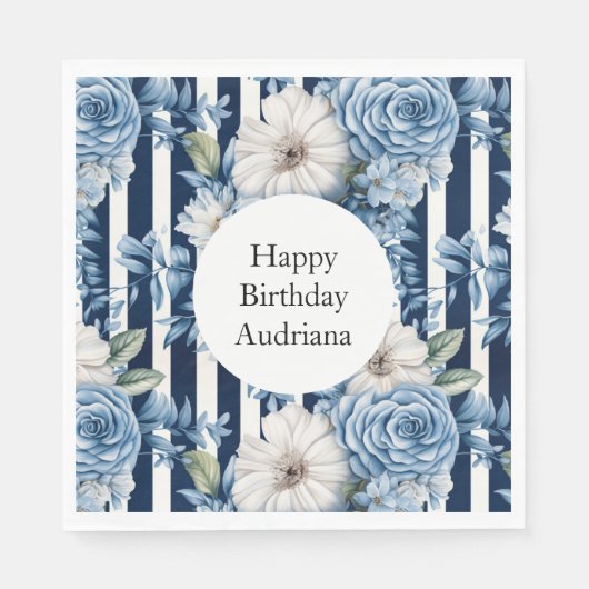 Witte Blauwe Strepen Bloemen Verjaardag Servet (Voorkant)