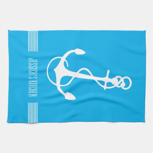 Witte & Blauwe Strepen Nautische Boot Anker Theedoek (Horizontaal)