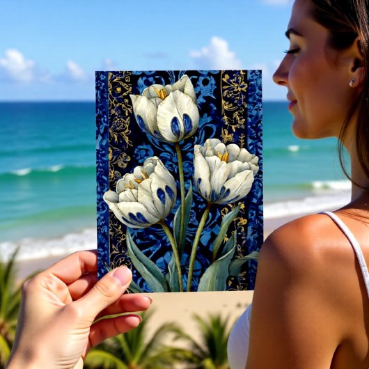 Witte Blauwe Tulp Damast Briefkaart