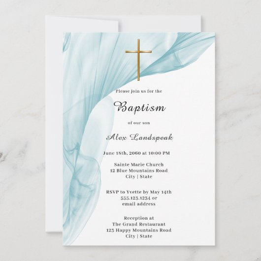 Witte, Blauwe Voile & Gouden Kruis Doop Kaart (Voorkant)