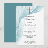 Witte, Blauwe Voile & Gouden Kruis Doop Kaart (Voorkant / Achterkant)