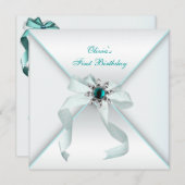 Witte Blauwgroen Blauwe Meisjes 1e Verjaardagsfees Kaart (Voorkant / Achterkant)