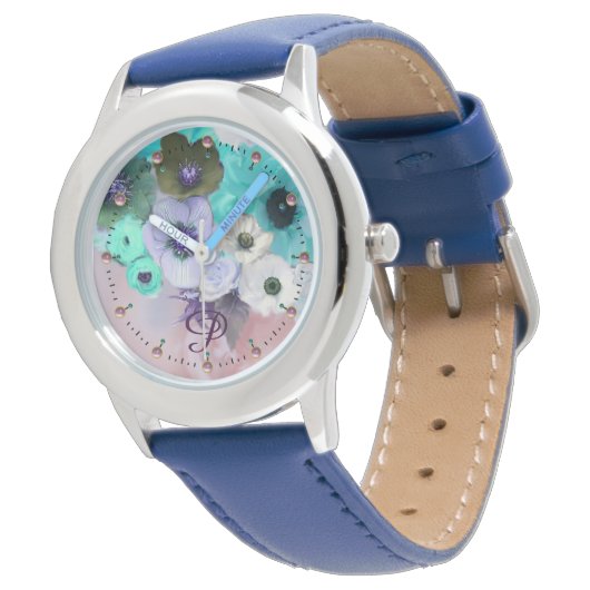 WITTE BLAUWGROEN BLAUWE ROZEN, ANEMONSLOEMMONOGRAM HORLOGE (Gekanteld)