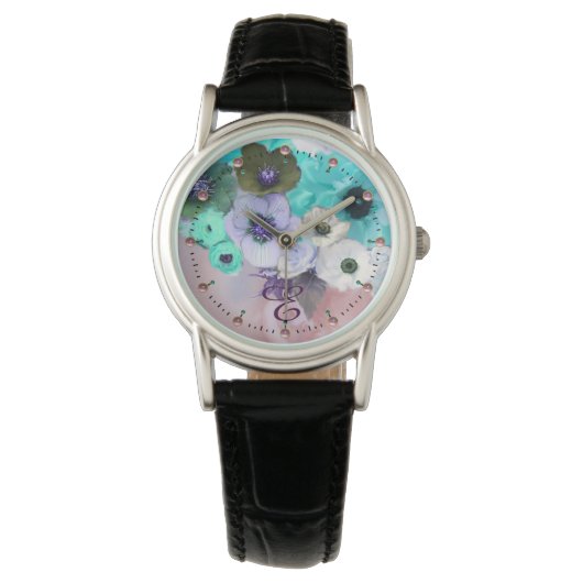 WITTE BLAUWGROEN BLAUWE ROZEN, ANEMONSLOEMMONOGRAM HORLOGE (Voorkant)