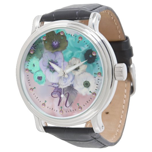 WITTE BLAUWGROEN BLAUWE ROZEN, ANEMONSLOEMMONOGRAM HORLOGE (Gekanteld)