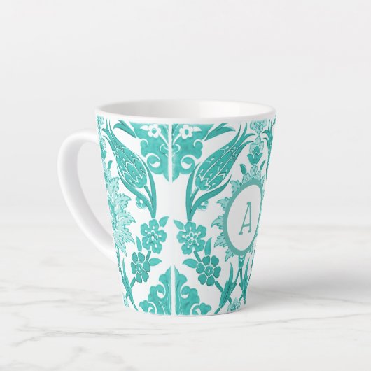 Witte & Blauwgroen Boerderij Bloemen Tegel | Monog Latte Mok (Linkerhoek)