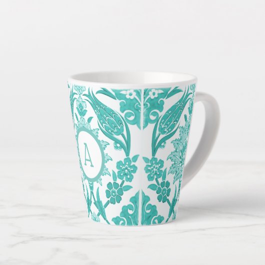 Witte & Blauwgroen Boerderij Bloemen Tegel | Monog Latte Mok (Rechterhoek)