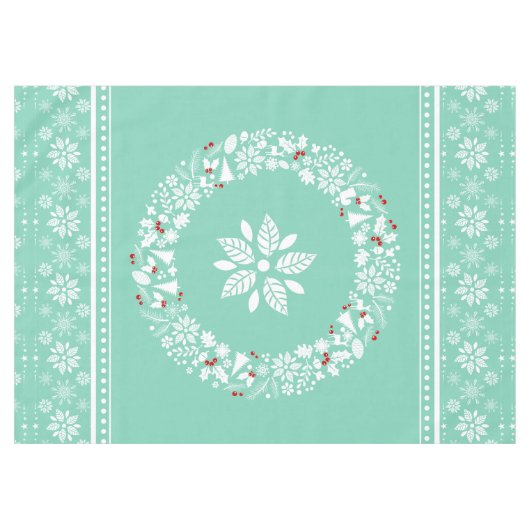 Witte & Blauwgroen Kerstkrans & Sneeuwvlokken Patr Tafelkleed (Voorkant (Horizontaal))