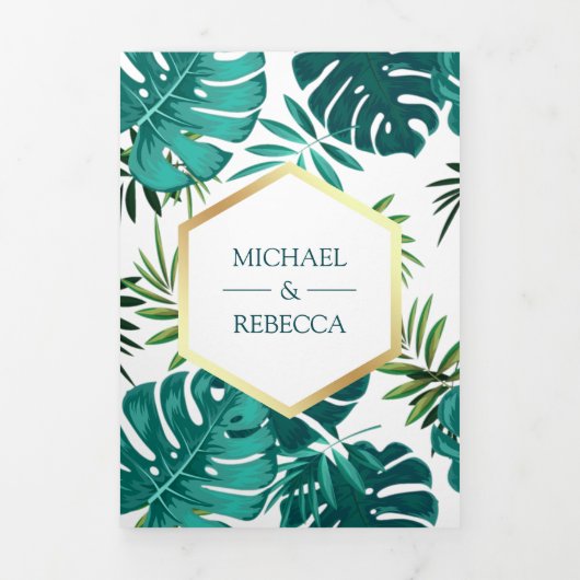 Witte Blauwgroen tropische palmmonstera verlaat br Drieluik Uitnodiging (Cover)