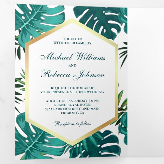 Witte Blauwgroen tropische palmmonstera verlaat br Drieluik Uitnodiging (Binnenzijde eerst)