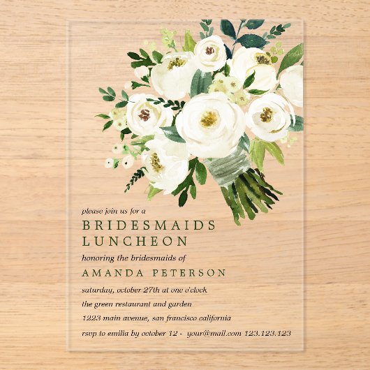 witte bloei | Boeket Bruidsmeisjes Luncheon Acryl Uitnodigingen (Voorkant)