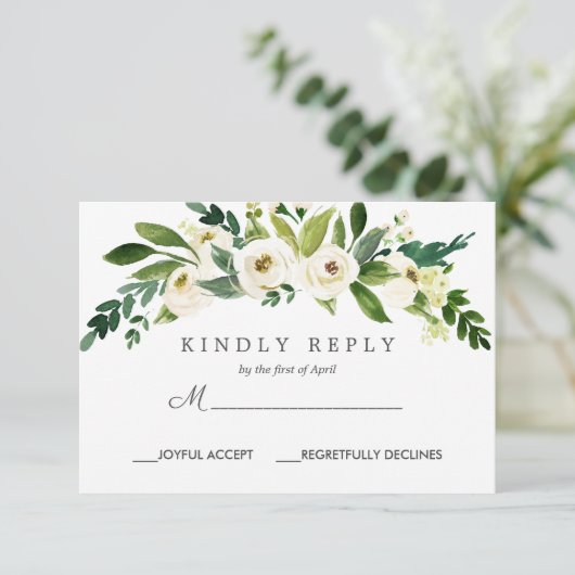 witte bloei | Chique Bloemen Bruiloft Reactie RSVP (Staand voorkant)