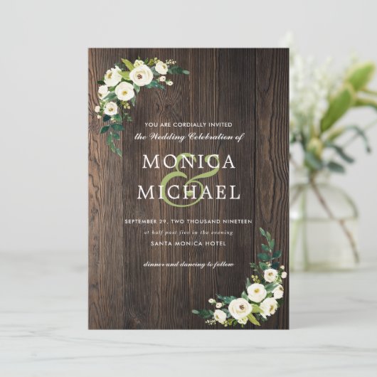 witte bloei | Hout Bloemen Botanische hoek Bruilof Kaart (Staand voorkant)