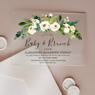 Witte Bloeiende Bloemen Baby Shower & Brunch Acryl Uitnodigingen