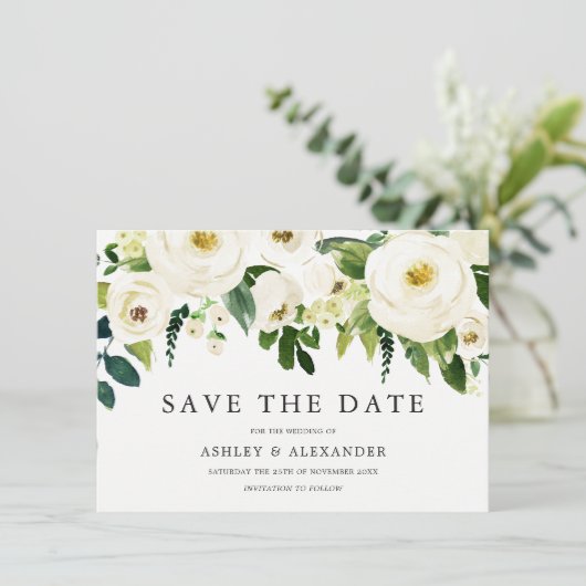 Witte Bloeiende Bloemen Elegant Alle Seizoenen Save The Date (Staand voorkant)