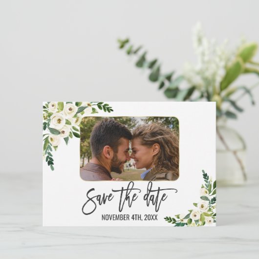 Witte Bloeiende Bloemen Foto Save The Date (Staand voorkant)