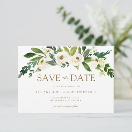 Witte bloeiende bloemen sparen de Datum uitnodigen Save The Date (Staand voorkant)