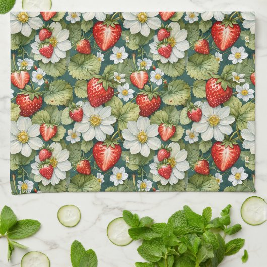 Witte bloem & aardbei theedoek (Gevouwen)