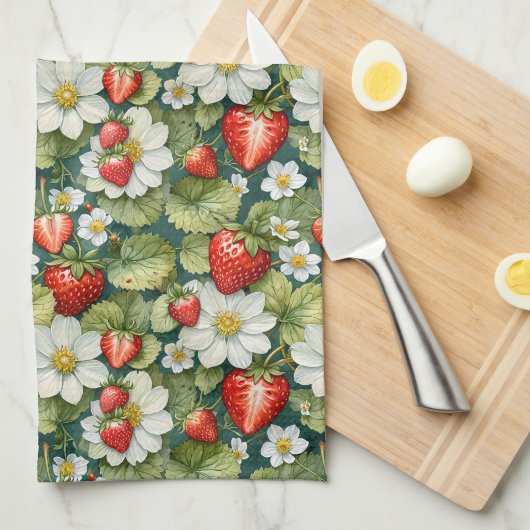 Witte bloem & aardbei theedoek (Quarter Fold)