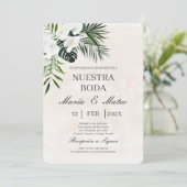 Witte bloem beige spaanse bruiloft uitnodiging (Staand voorkant)
