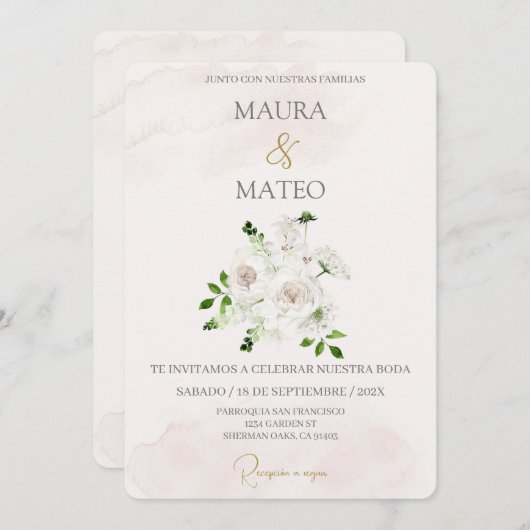 Witte bloem Beige Spaanse bruiloft uitnodiging (Voorkant / Achterkant)