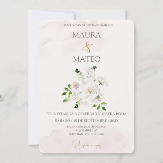 Witte bloem Beige Spaanse bruiloft uitnodiging (Voorkant)