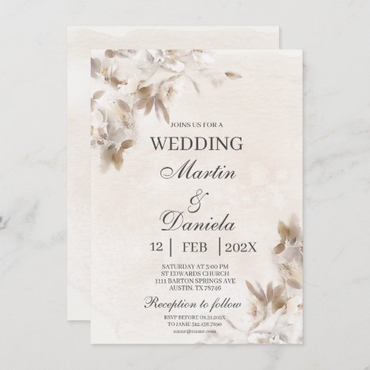 Witte bloem beige spaanse bruiloft uitnodiging (Voorkant / Achterkant)